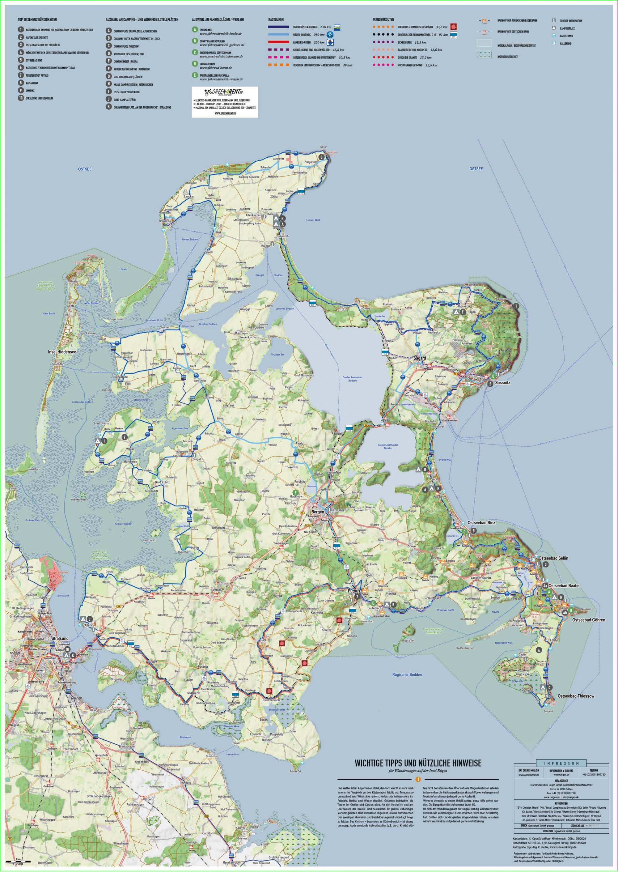 Mapa outdoorowa Rugii z trasami pieszymi i rowerowymi